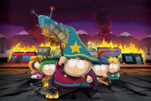 The whole team of South Park with the main character has a stick of truth in his hand