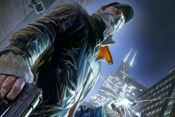 Aiden Pierce von Watch Dogs mit Pistole und Telefon