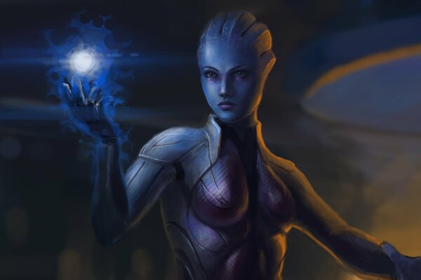 A woman, an alien with a glowing ball