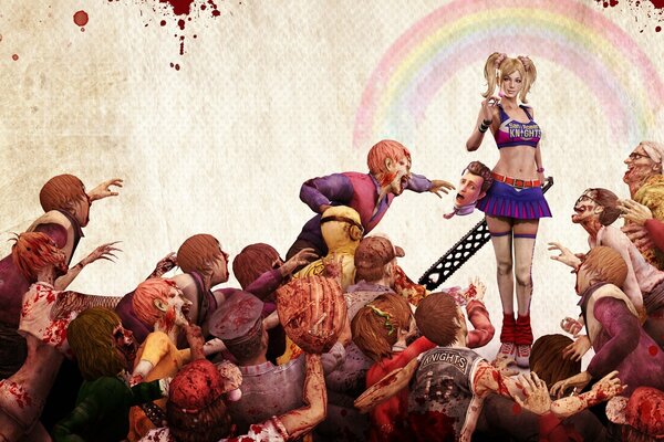 Lollipop Conhainsaw chica con motosierra rodeada de zombies