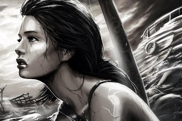 Foto de perfil de Lara Croft Tomb raider barco en el mar en blanco y negro