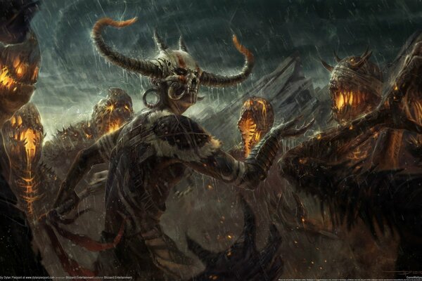 A sorcerer with demons in the rain from Diablo