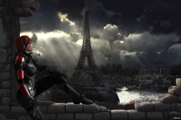 The girl from the Mass Effect game against the background of destroyed Paris