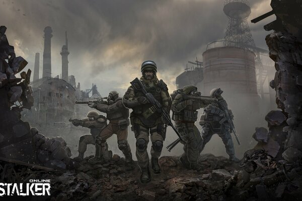 Soldiers on the background of ruins from a computer game