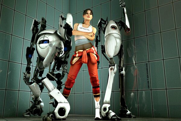 Chica al lado de los robots de portal