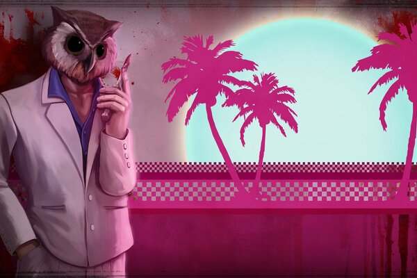 Sowa z Hotline Miami stoi na tle palm