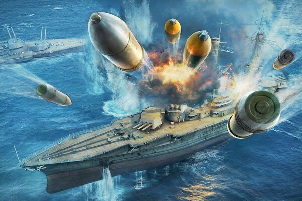 Мир военных кораблей в момент боевой атаки