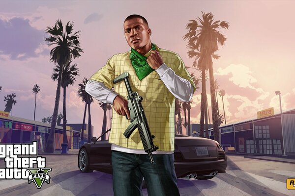 The character of the GTA game on the background of the game location