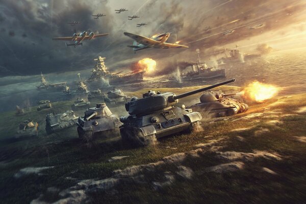 Fantastyczna sztuka z czołgami na polu i samolotami w powietrzu