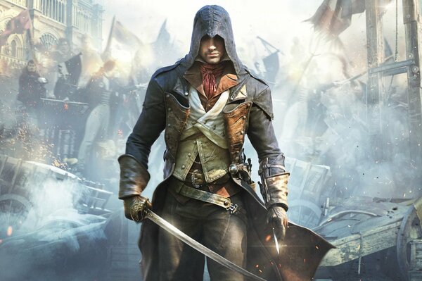 Assassin Creed avec drapeau en tenue