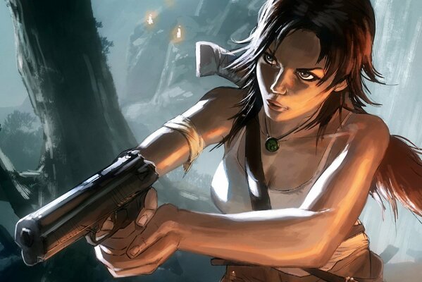 Lara Croft with a gun in an abandoned cave