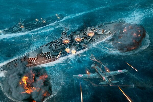 Battle in the sea of warships. A scene from a computer game by a private Wargaming company