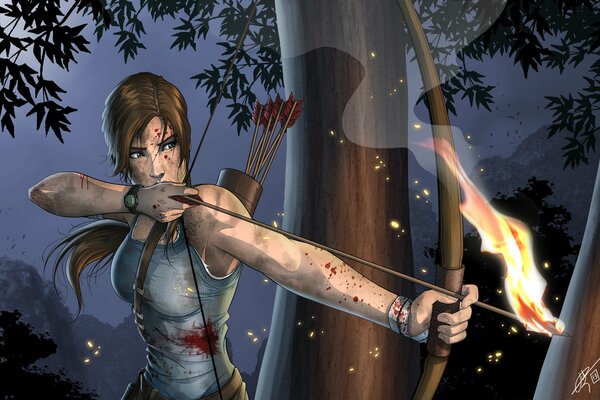 A girl shoots a bow with burning arrows