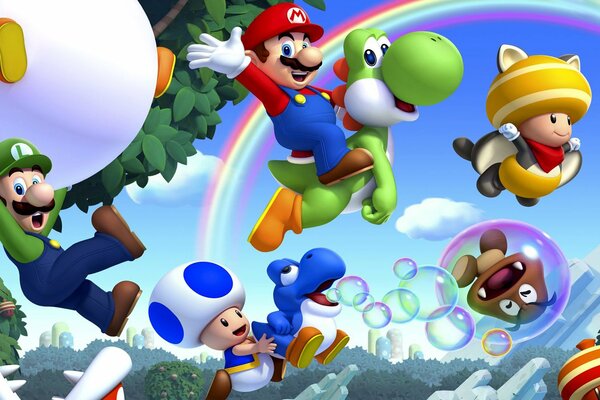 Divertidos personajes de Mario en el arco iris