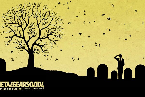 Silhouettes of a tree and a cemetery on a yellow background