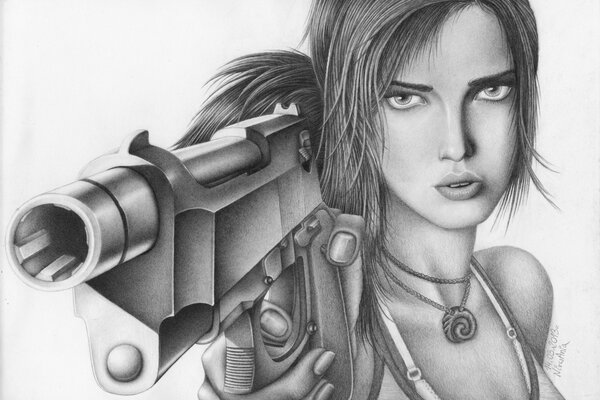 Black and white drawing, tomb raider, Lara Croft holds a weapon ready in her hand