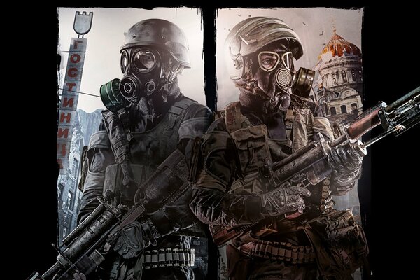 Kämpfer im U-Bahn-Spiel 2033 in kugelsicheren Uniformen vor dem Hintergrund der Kirche und des klaren Himmels