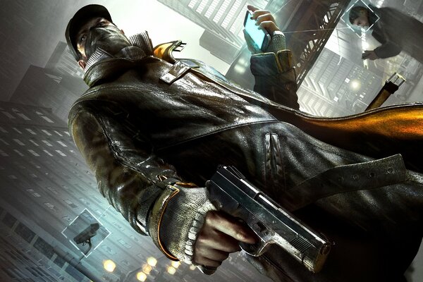 The main character of watch dogs with a gun and a phone in his hands