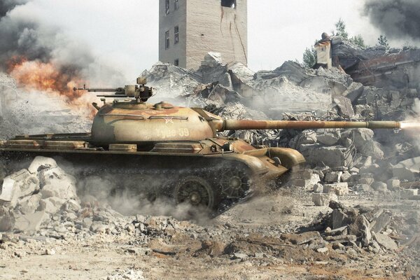 Ein Panzer, ein eisernes Tier in Trümmern