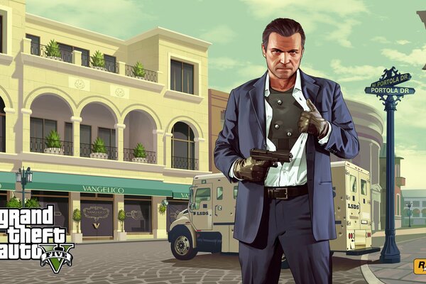 Grand Theft auto, un homme en costume sur fond de bâtiment, tenant une arme à la main