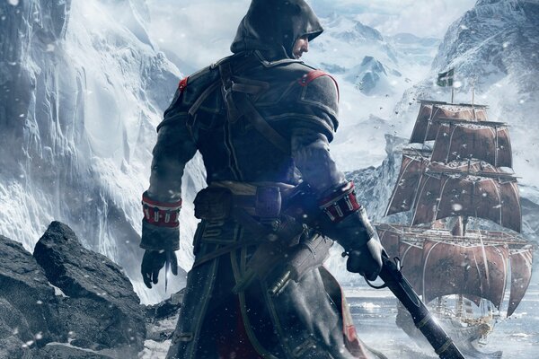 An assassin on the background of a ship sailing away into the snowy sea