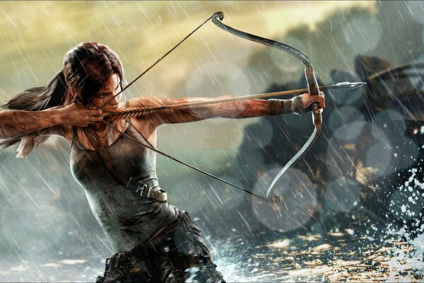 Lara Croft zielt im Regen mit einem Bogen