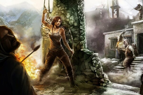 Tomb raider, Das Mädchen mit dem Bogen hat sich hinter einer Säule versteckt, sie kämpft gegen Feinde