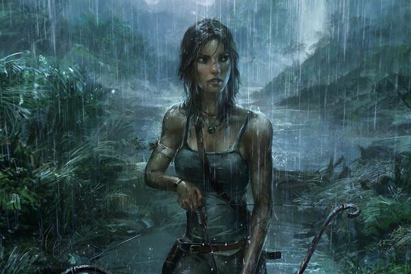 Lara croft hält einen Bogen und geht durch den düsteren dschungel