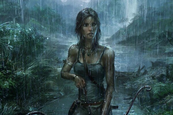 Lara Croft holds a bow and walks through the gloomy jungle