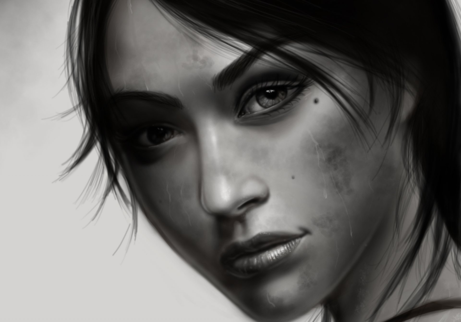 tomb raider lara croft arte chica blanco y negro cara mirada ojos cabello fondo