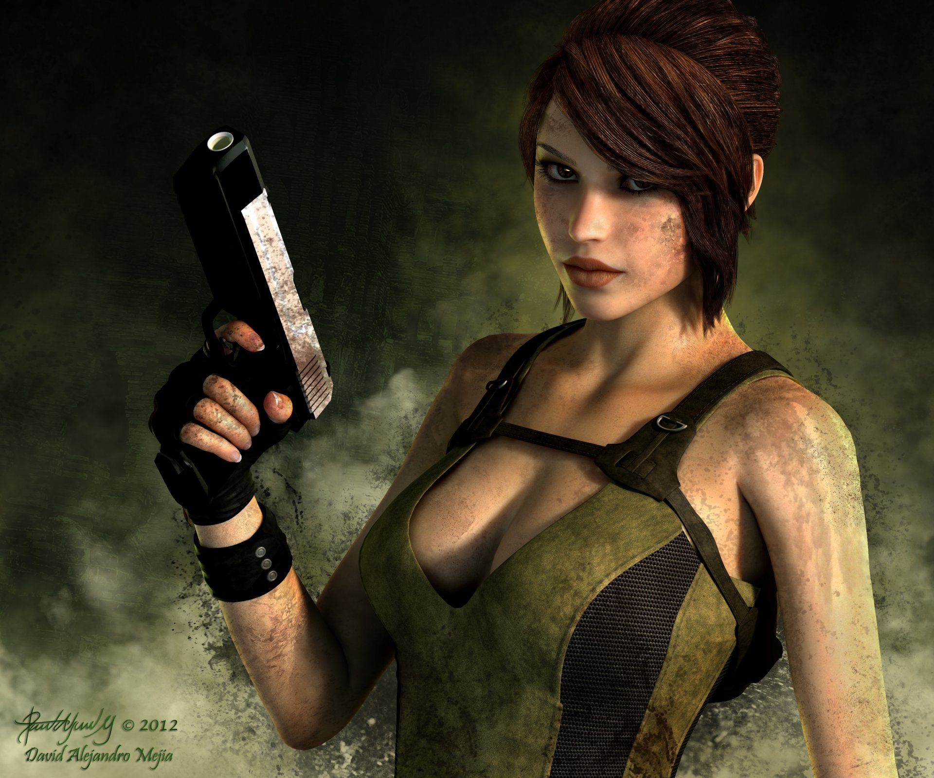 tomb raider lara croft gra dziewczyna twarz spojrzenie broń pistolet rękawiczki czarny koszulka włosy tło dym