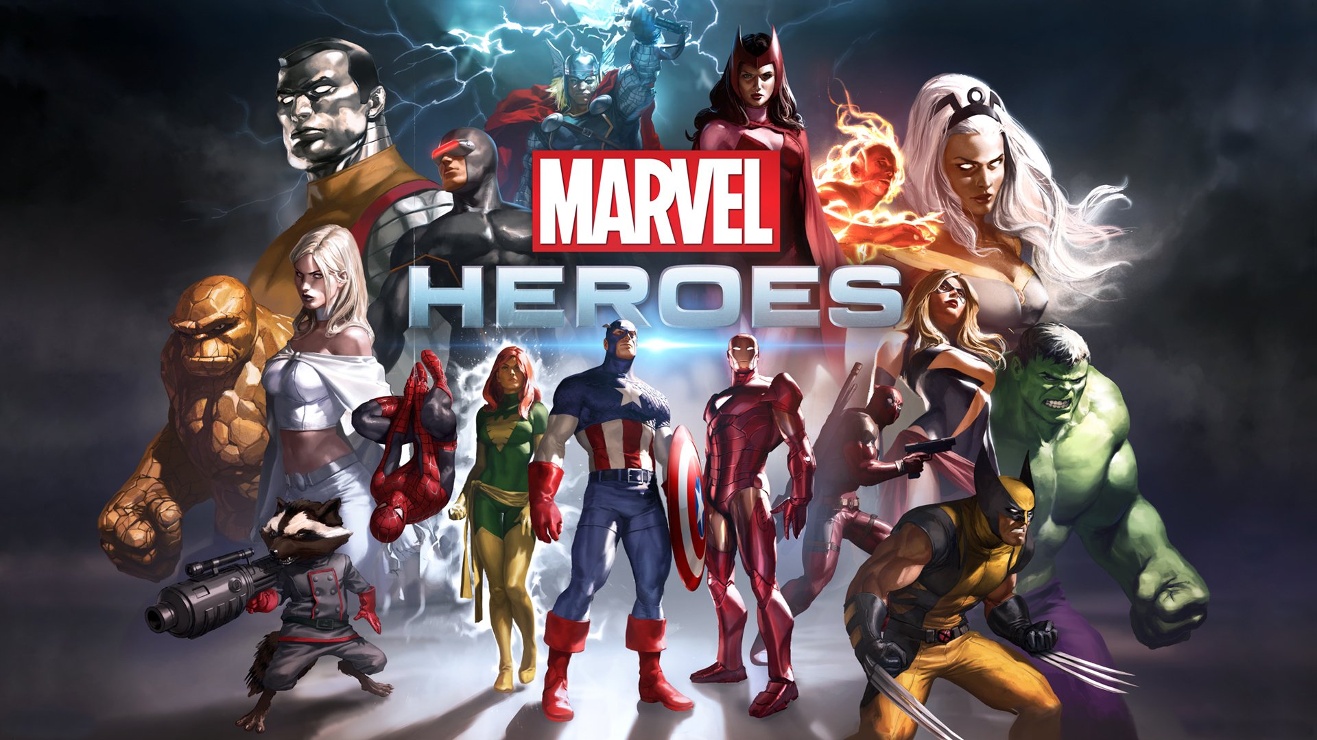 marvel heroes supereroi squadra logo iron man wolverine hulk creatura cosa capitan america thor tog spider-man spider-man torcia umana johnny storm ciclope tempesta deadpool scarlet witch jean grey