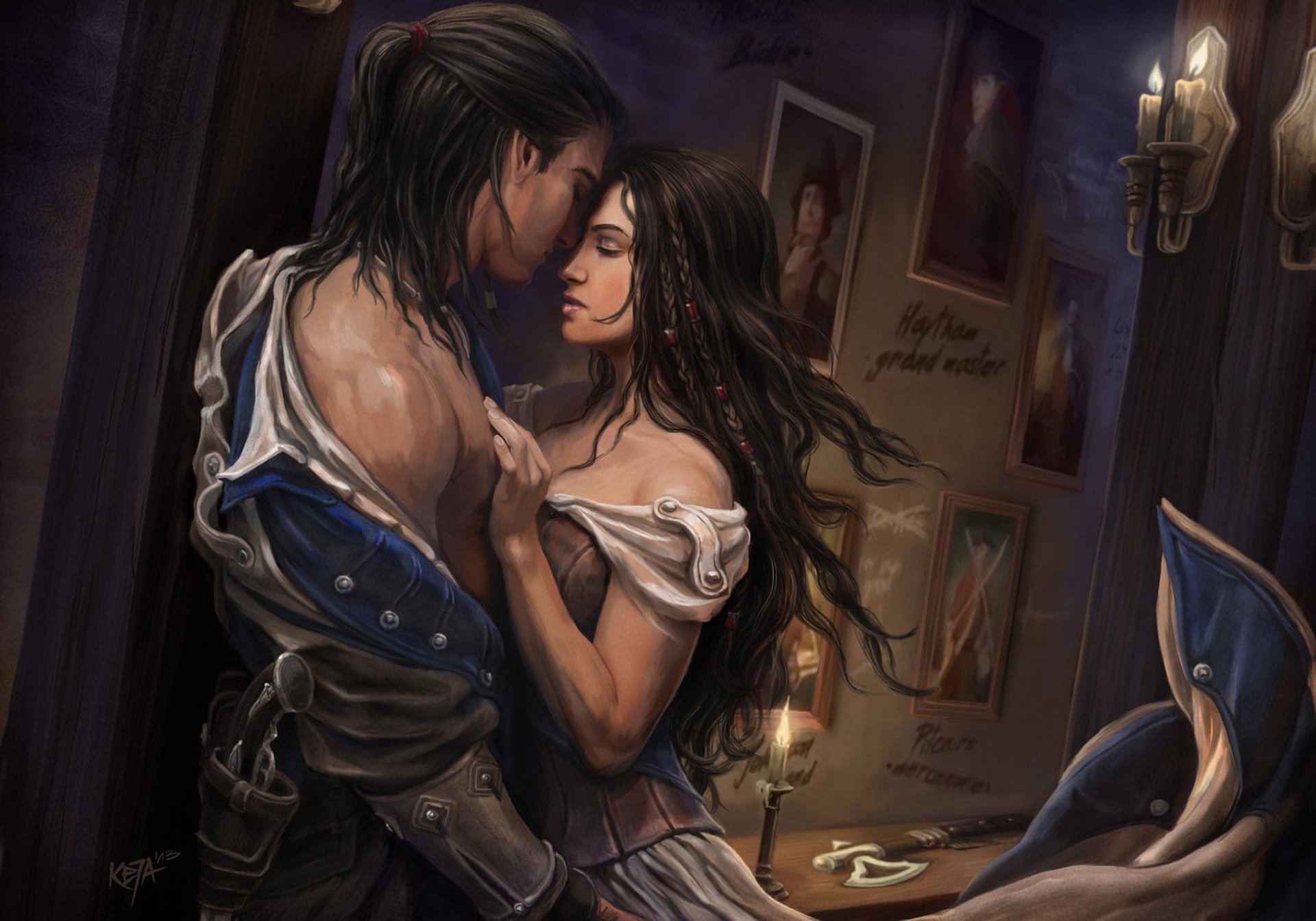 art assassins creed 3 girl guy hug painting room candle