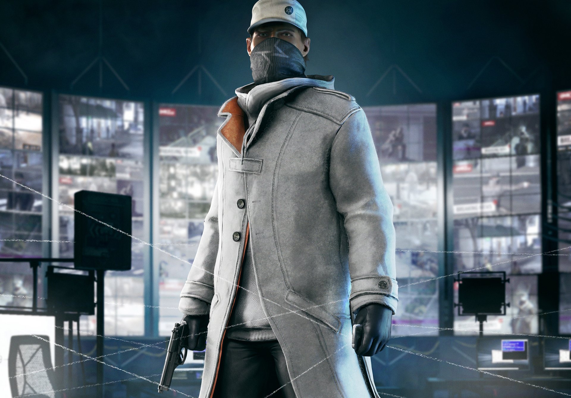 watch dogs watch dogs aiden pierce kostium płaszcz rękawiczki broń czapka monitory opaska wygląd sweter telefon komórkowy ps3 ps4