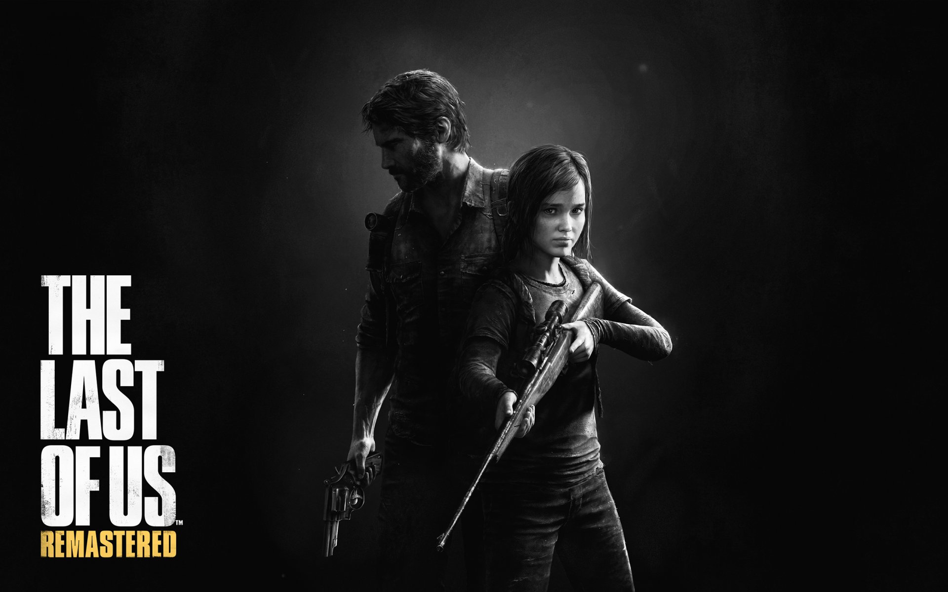 the last of us one of us remastered men defender joel beard girl ellie ally view weapon revolver rifle sight flashlight bag dark logo ps4 naughty dog sony computer entertainment