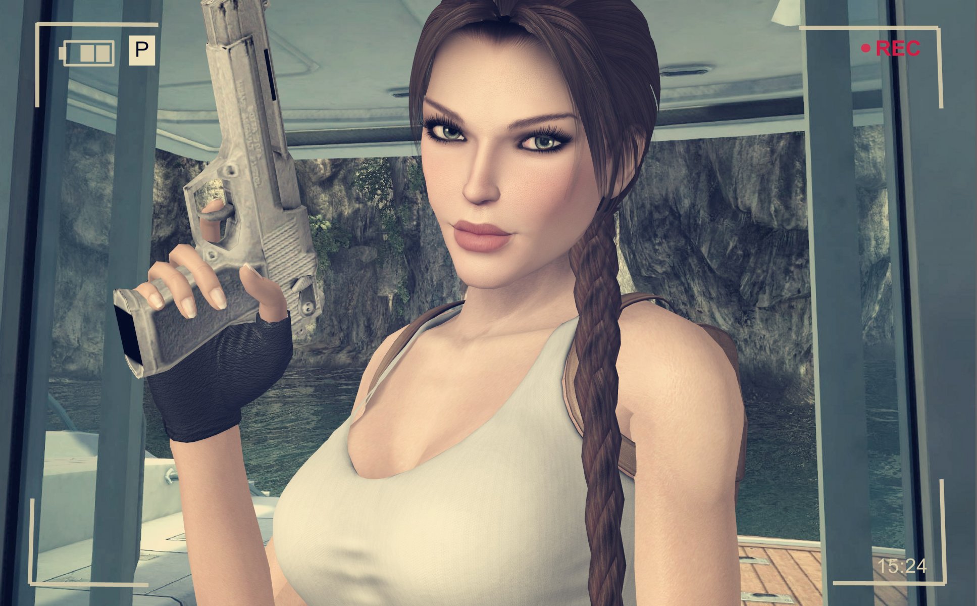 lara croft tomb raider twarz rzęsy spojrzenie broń pistolet aparat