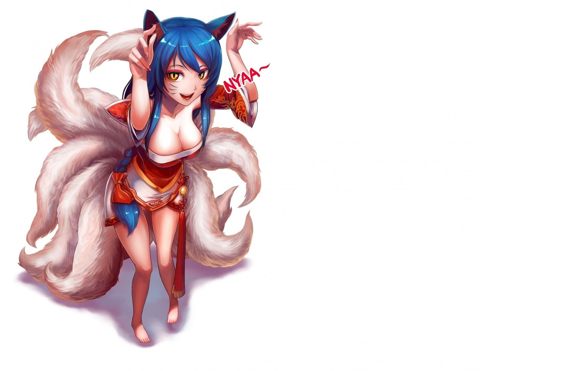 arte chanseven chica ahri mirada sonrisa gesto escote zorro orejas colas fondo simple liga de leyendas