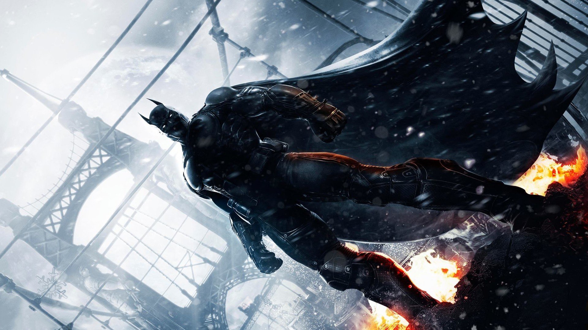 batman: arkham origins брюс вейн брюс уэйн броня плащ костюм мост снег огонь wb games montréal warner bros. interactive entertainment