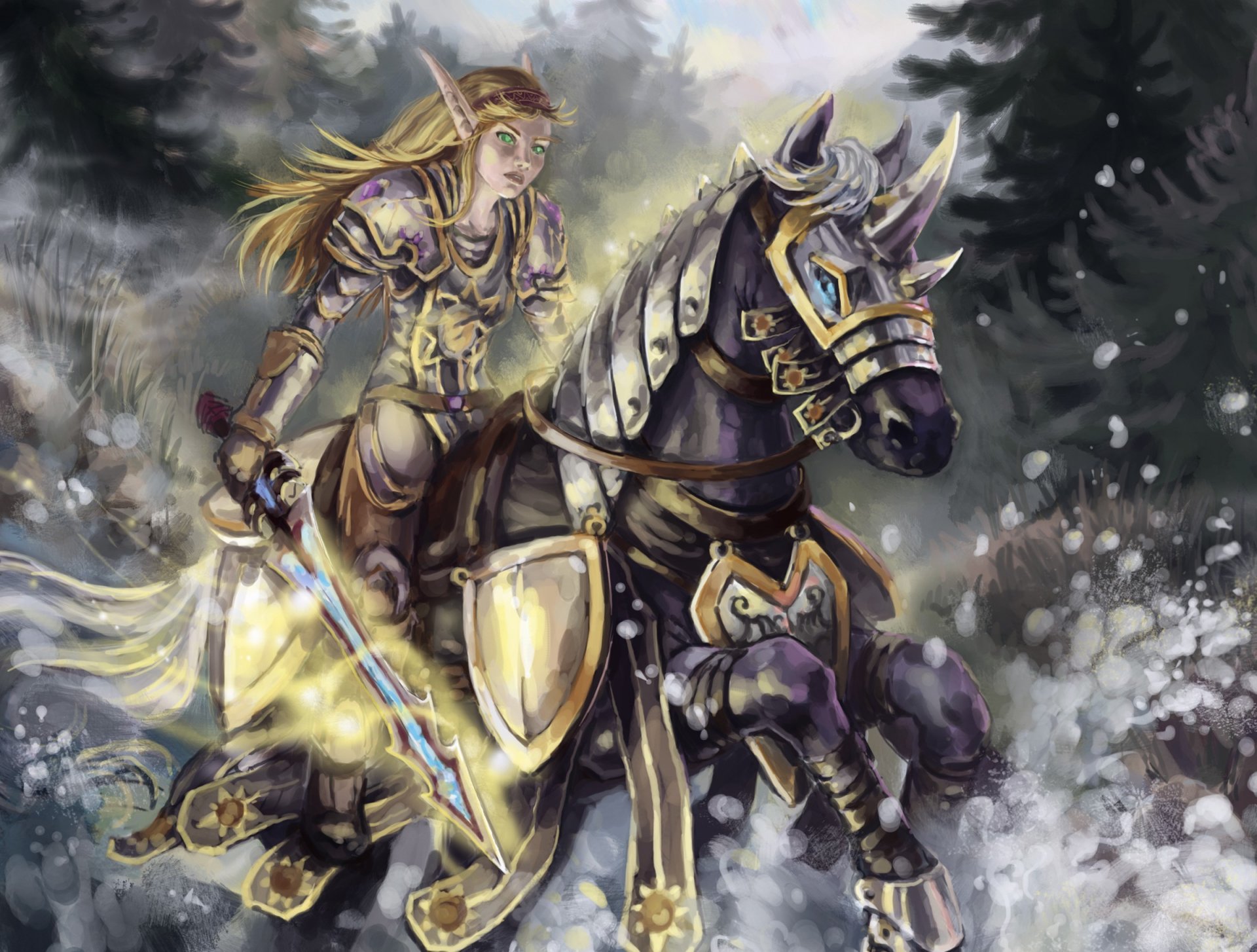 arte wow mundo de warcraft elfo de sangre elfo caballo correr bosque espada