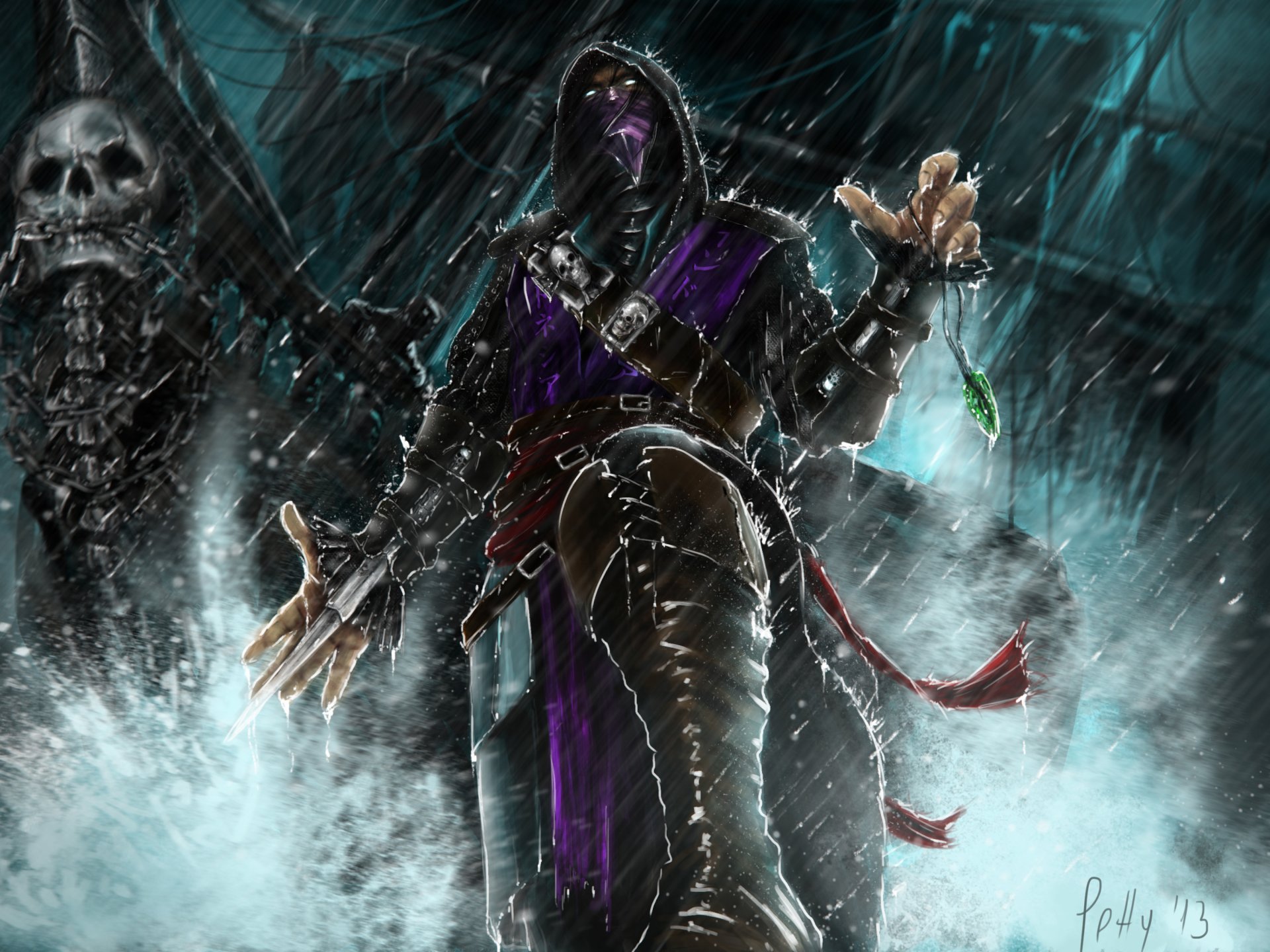 lluvia mortal kombat arte juego personaje mirada capucha máscara arma