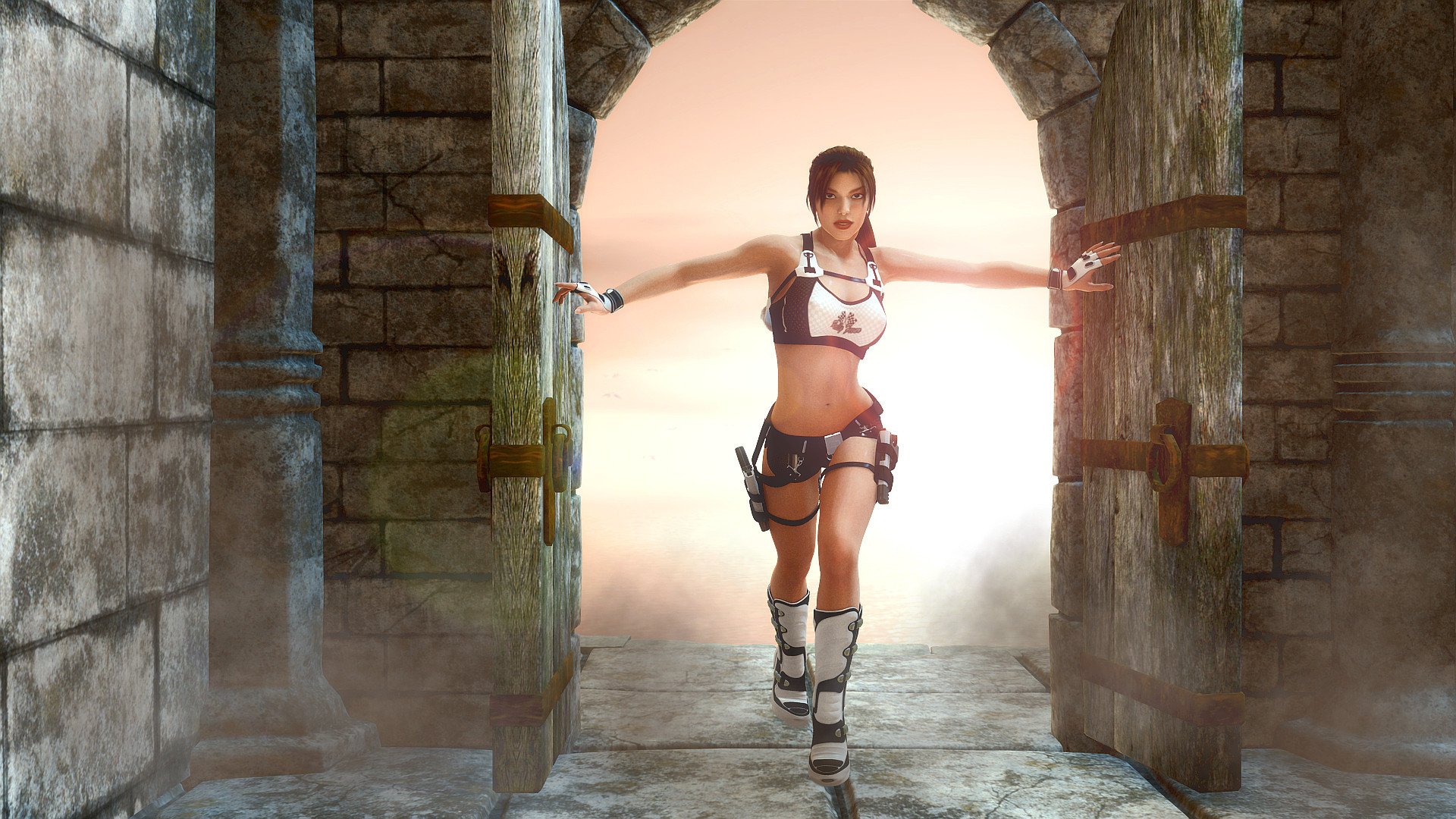 tomb raider lara croft ragazza gioco porte ingresso armi pistole vista pantaloncini