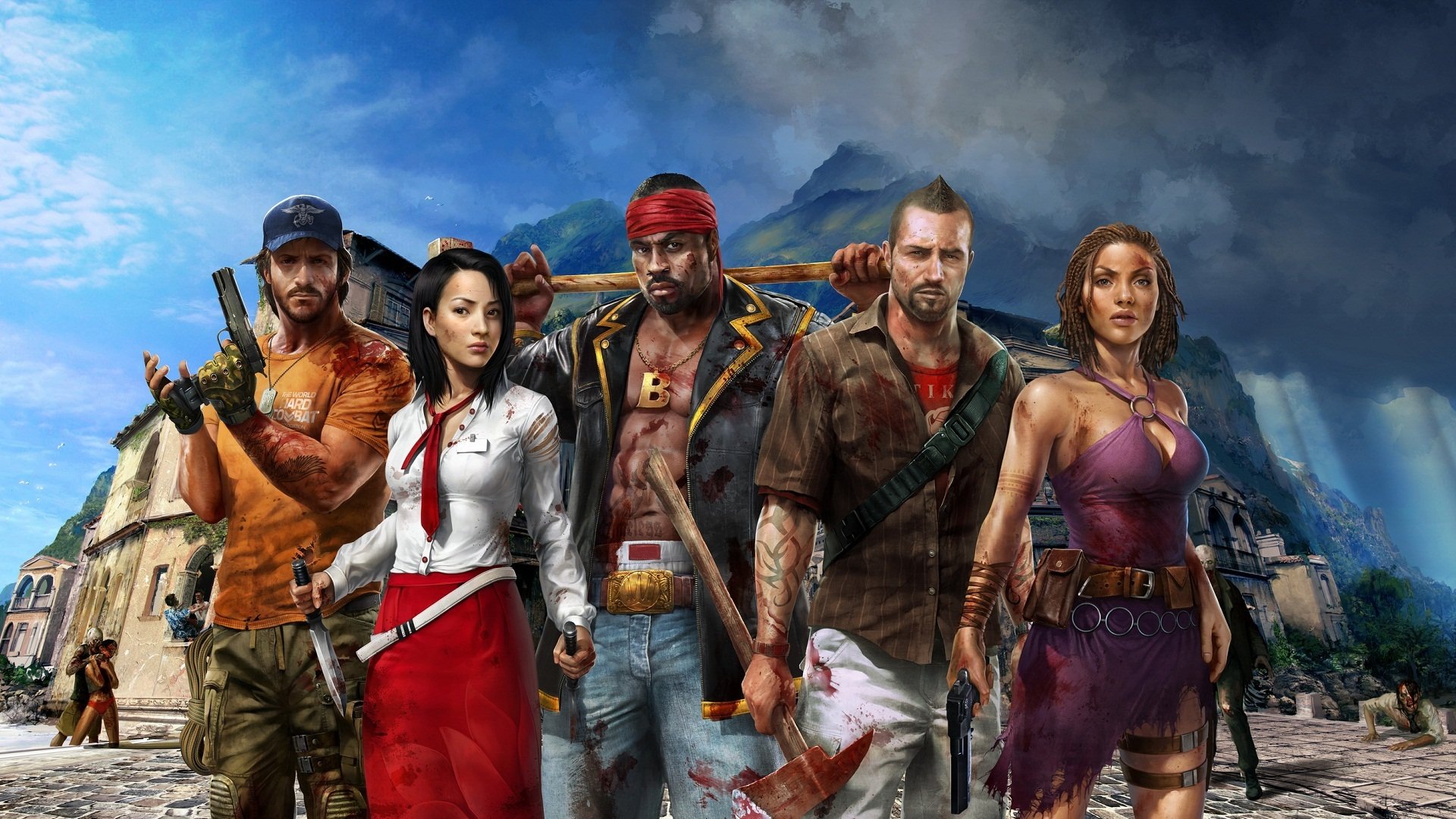 dead island: riptide héros xian mei xian mei sam b sam b logan purna parna john morgan survivants île palanai armes hache couteau pistolets marteau zombies montagnes nuages argent profond