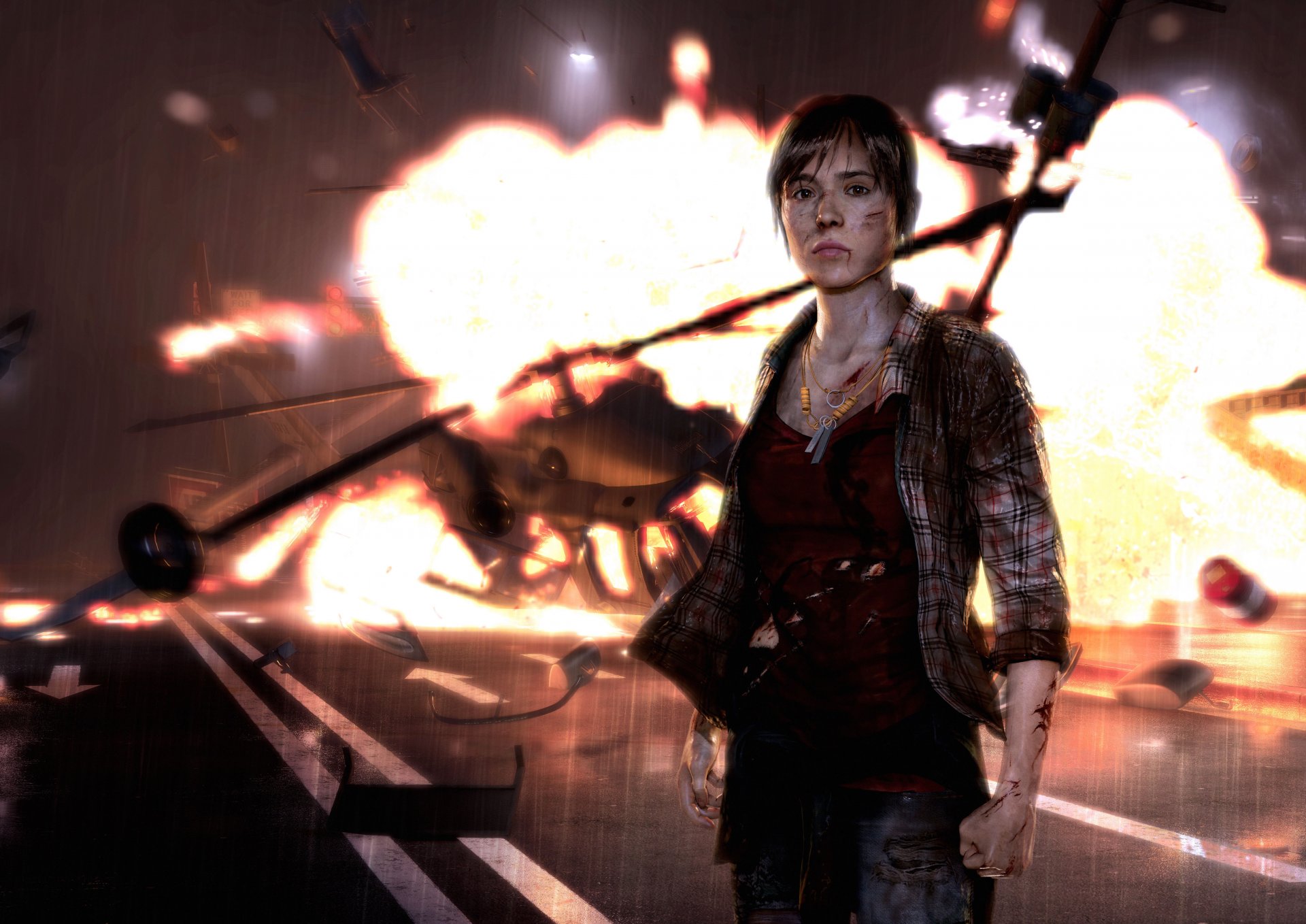 beyond: two souls ragazza jodie holmes ellen page relitto vista cicatrici elicottero relitto fuoco collana esplosione strada ps3 sony computer entertainment quantic dream