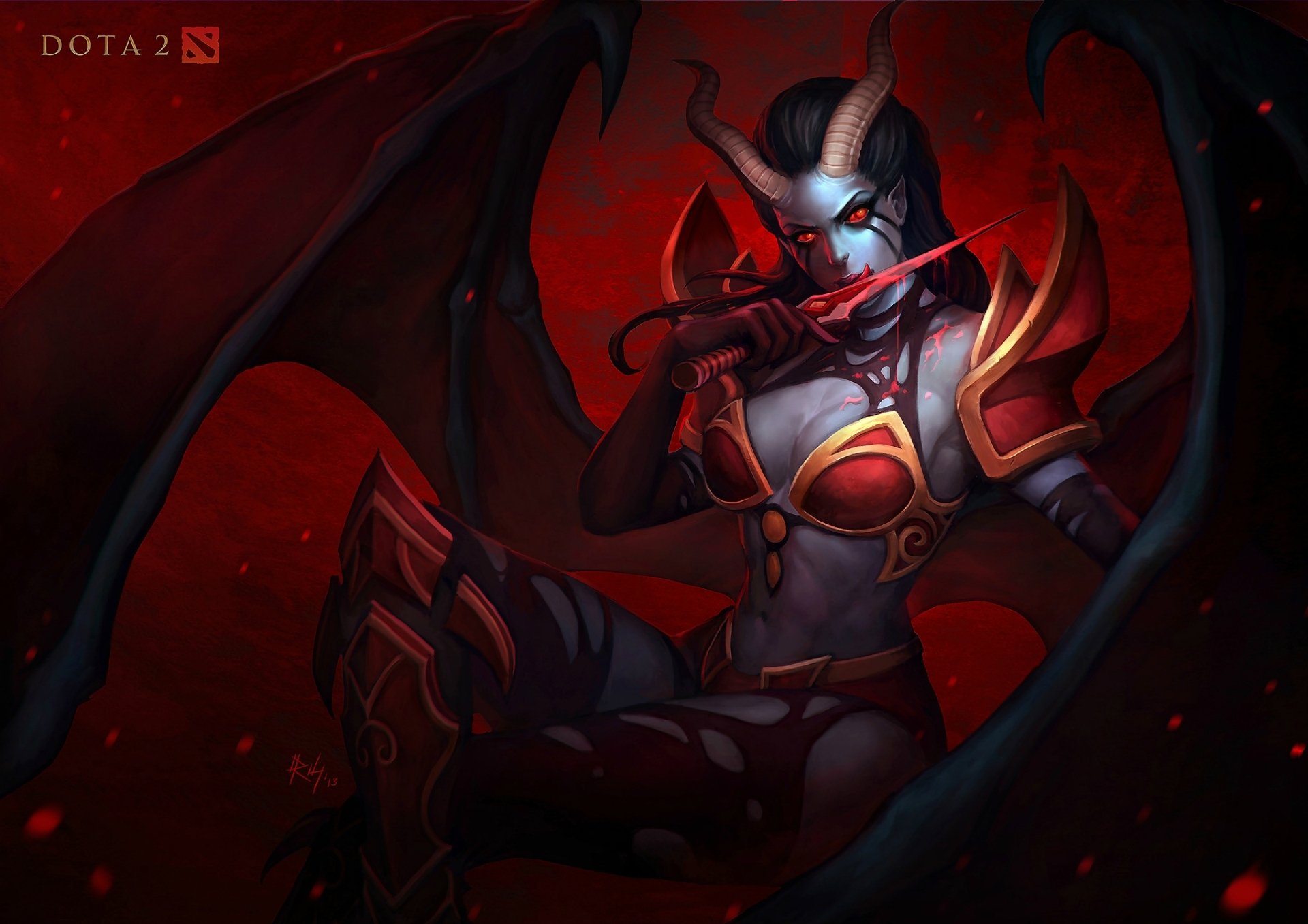 queen dota 2 art game demon horn weapon blood pose