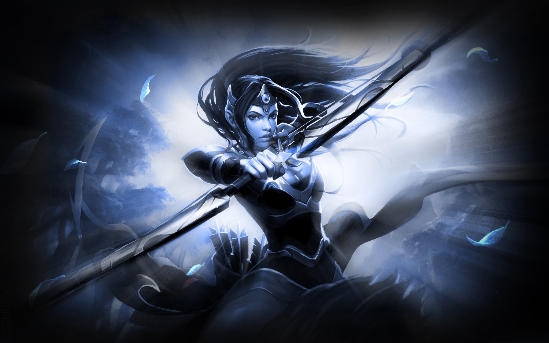 proteggere gli antichi dota mirana principessa della luna ragazza equitazione armatura arco colpo foglie luce