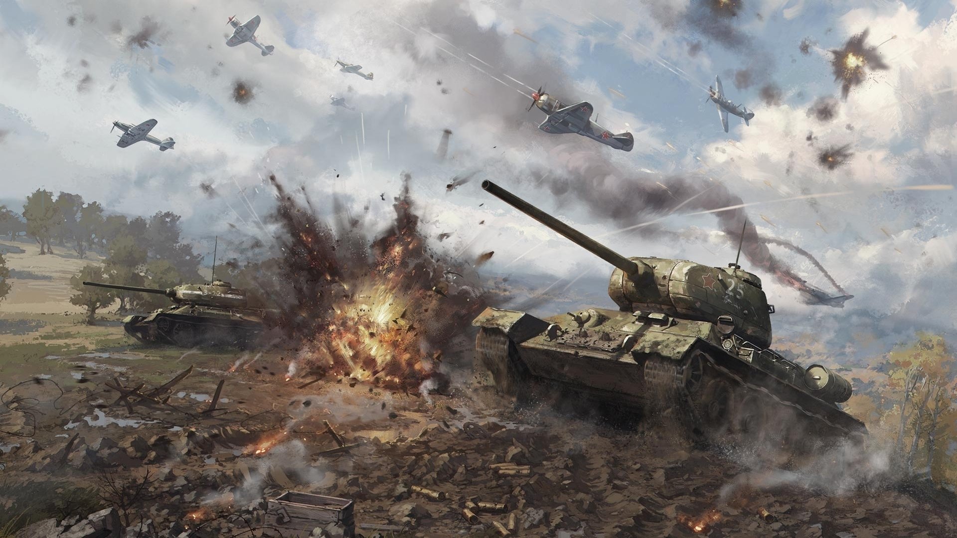 war thunder gaijin entertainment sytuacja lotnictwo niebo chmury myśliwiec czołgi t-34-85 zsrr czołgi średnie sztuka strzał płomień ogień dym eksplozja drzewa pień żelazo iskry