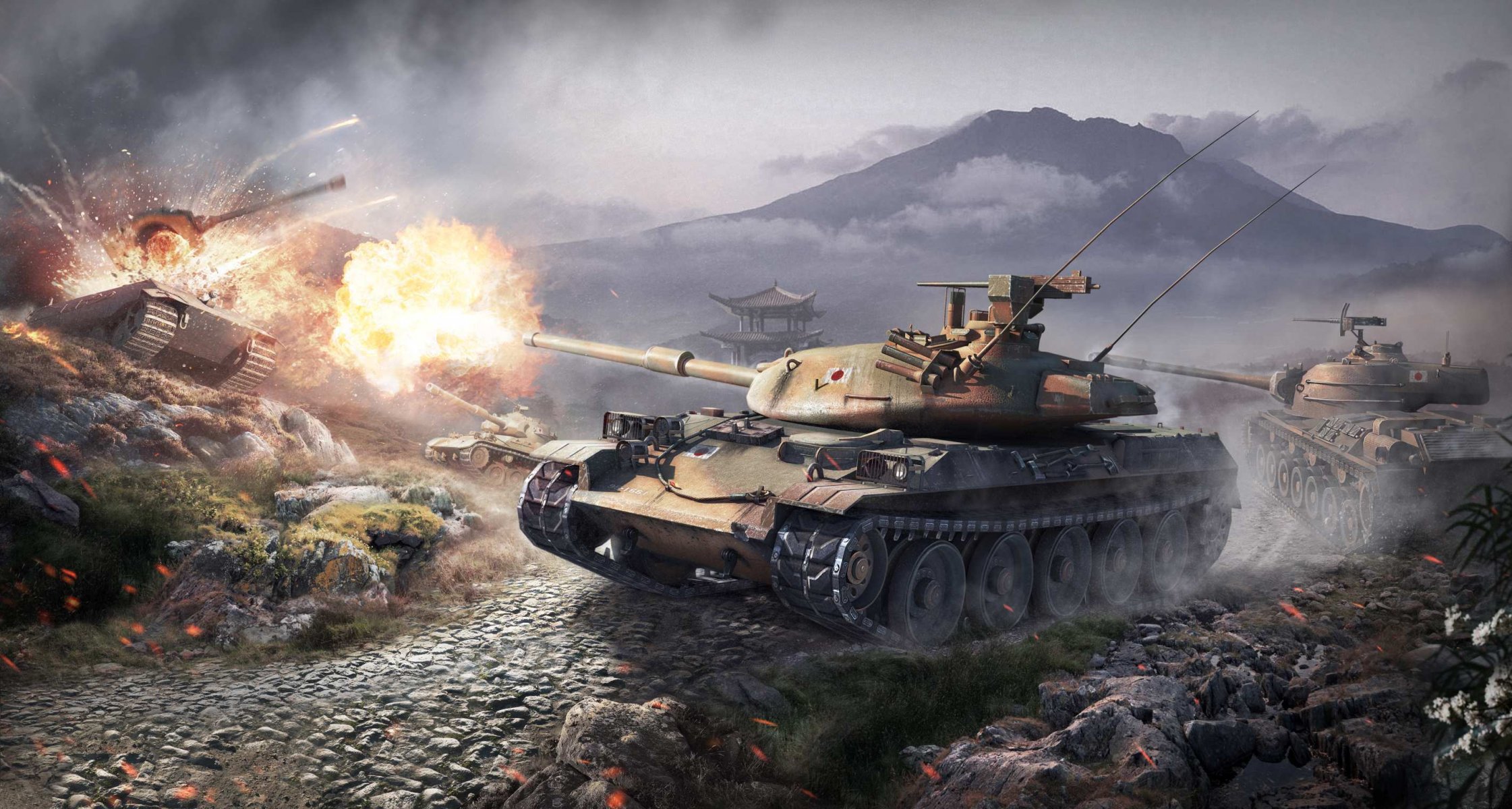 world of tanks wargaming net wot japan stb-1 type 61 sta-1 medium tank e 75 heavy tank germany wg mountain shot flame fire clouds smoke camouflage