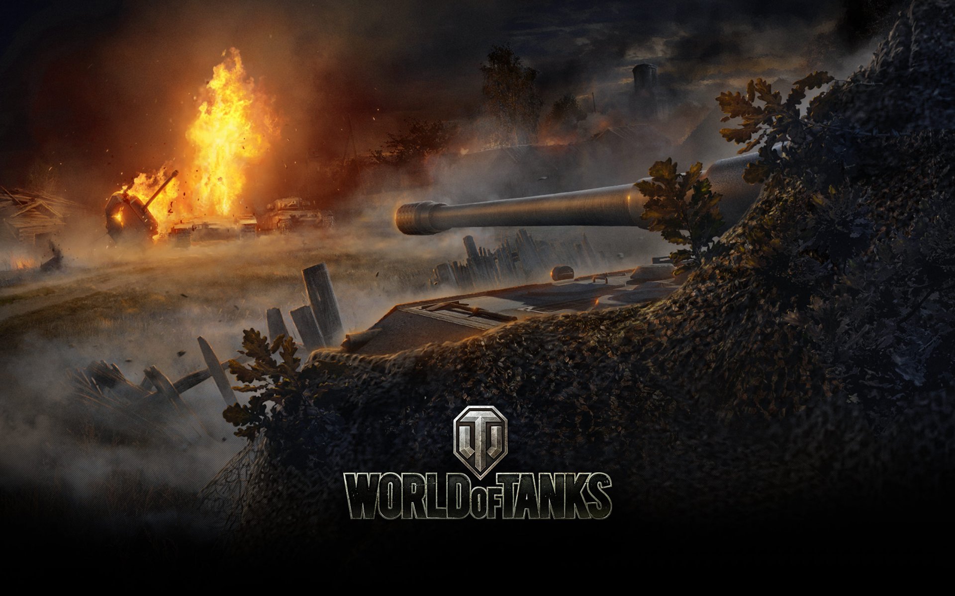 wargaming net world of tanks wot jagdpanzer e 100 anti-char acs pt allemagne allemand pt acs réservoir allemand arbres brouillard feu tronc fer nuages brousse clôture maison flamme filet de camouflage camouflage ciel poussière fumée wp