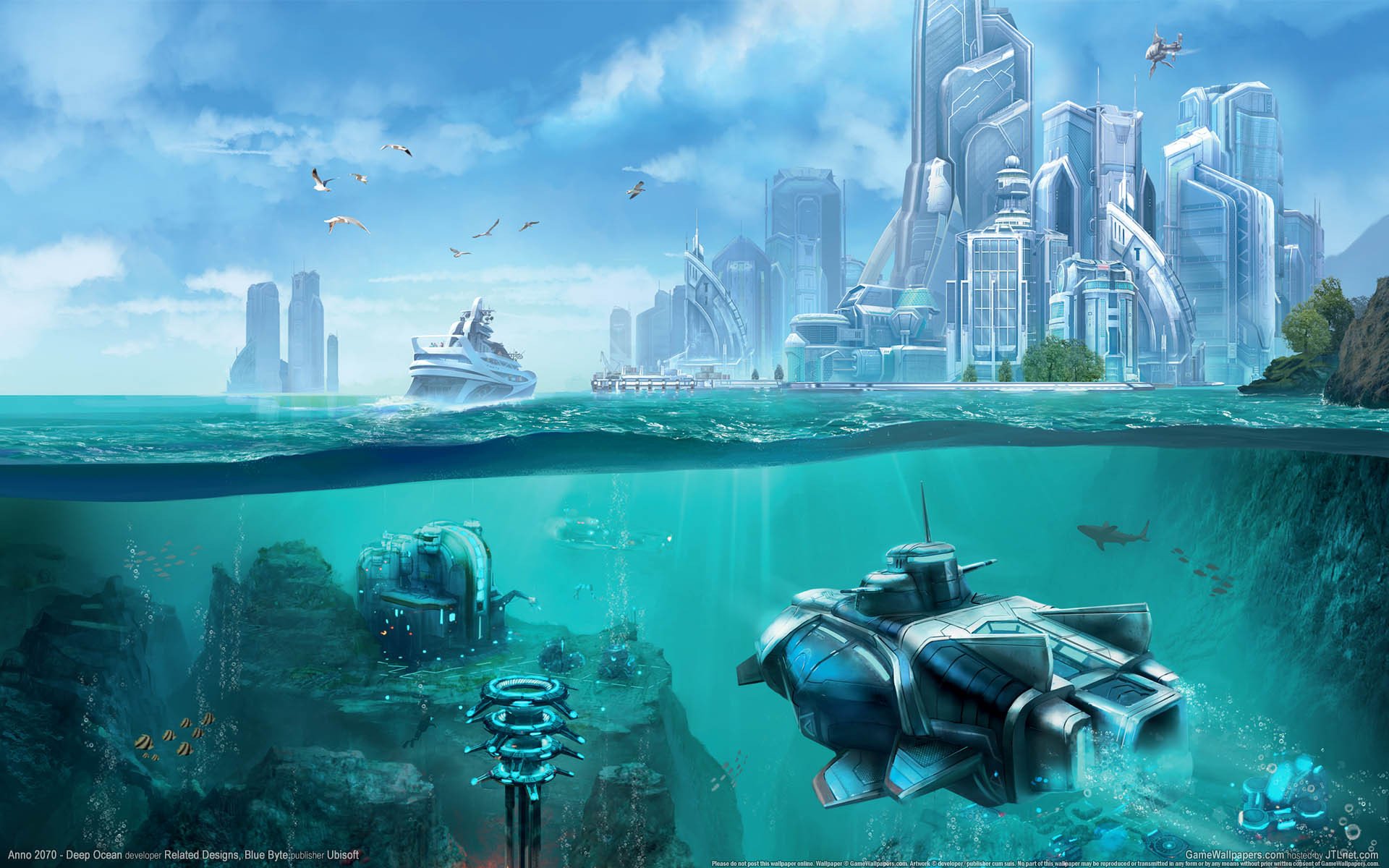 anno 2070-deep ocean anno tapety gry przyszłość futurystyczne miasto przyszłość ocean podwodny świat stacja aparat jet rafa statek miasto futuryzm niebo mewy