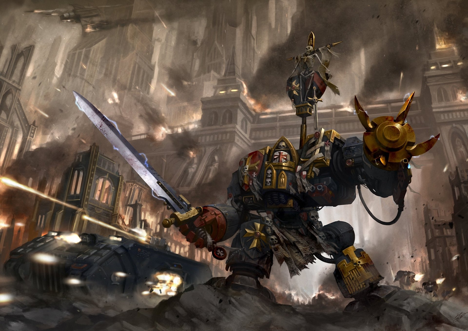 arte okita warhammer 40k paracaidistas espaciales dreadnought templarios negros metal espada armas ciudad